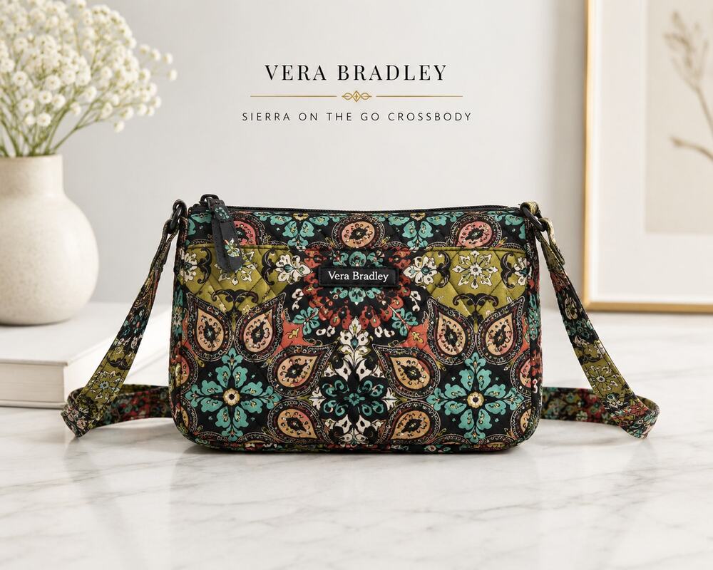 Vera Bradley Sierra On The Go Crossbody Bag Quilted Paisley Floral Black